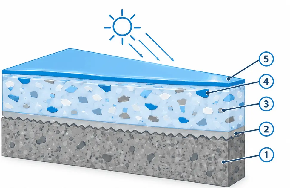 Diagram: cross-section of a polyaspartic flake garage floor, ground slab, epoxy base, flakes and a thin polyaspartic top coat