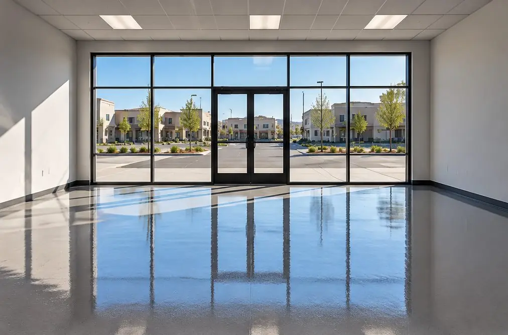 Illustration: a coated floor seen from inside, with Menifee Town Center beyond the open door