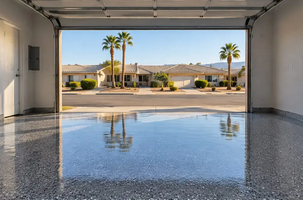 Illustration: a coated floor seen from inside, with Sun City beyond the open door
